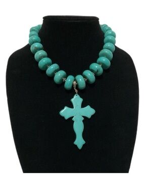 Faux Turquoise Bead Necklace with Cross Pendant